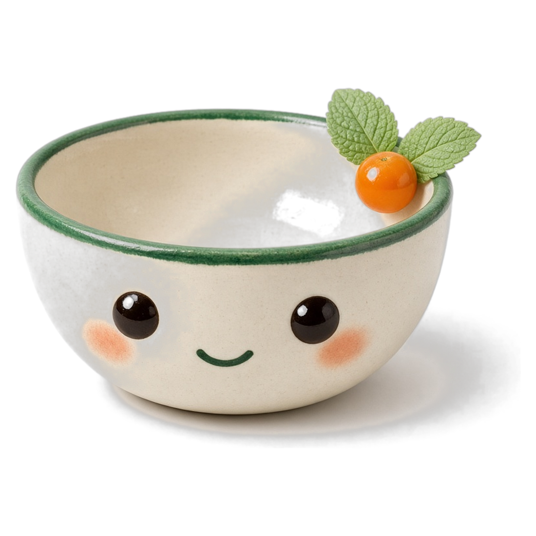 Buddy, FoodBuddy’s mascot, as a small ceramic bowl with a face, a mint leaf and a cherry tomato