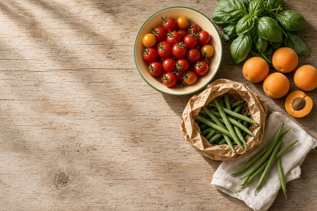 A wooden market table in morning light with cherry tomatoes, basil, apricots and green beans