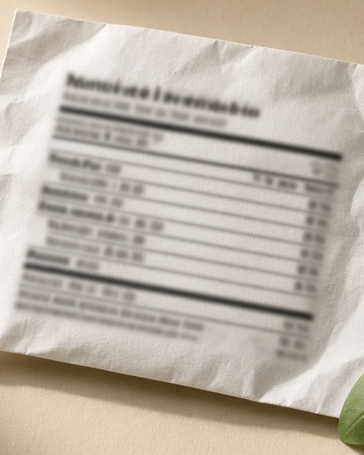 Close-up of a crinkled nutrition table on the back of a snack packet