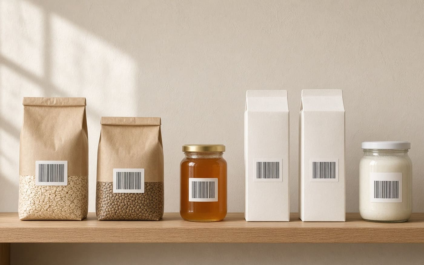 Kraft bags, jars and cartons with plain barcodes on a kitchen shelf