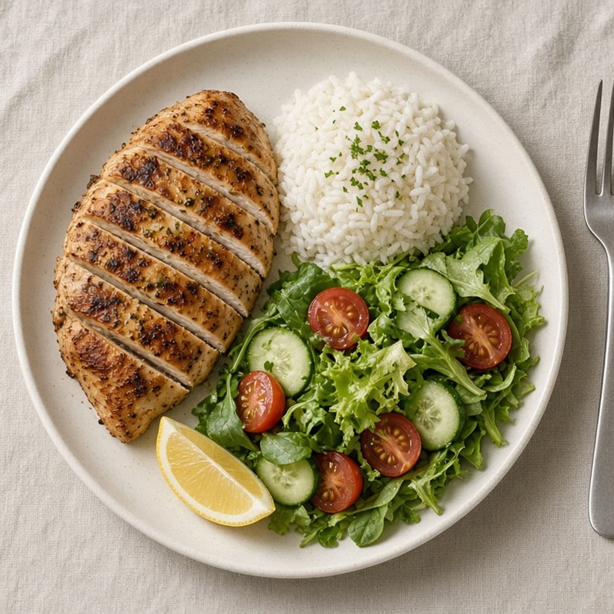 A plate with sliced grilled chicken, white rice, salad with cucumber and tomatoes, and a lemon wedge