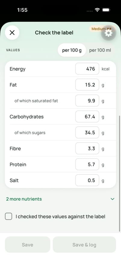 FoodBuddy Check the label screen: energy 476 kcal, fat 15.2 g, carbohydrates 67.4 g, protein 5.7 g per 100 g, with an unticked box: I checked these values against the label