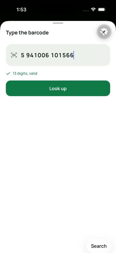 FoodBuddy Type the barcode screen with 5 941006 101566 entered, marked 13 digits, valid, and a Look up button