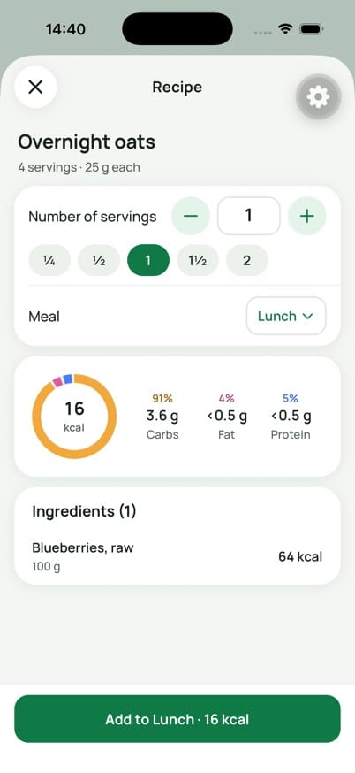 FoodBuddy recipe screen for Overnight oats: 4 servings of 25 g, 16 kcal per serving, ingredient blueberries